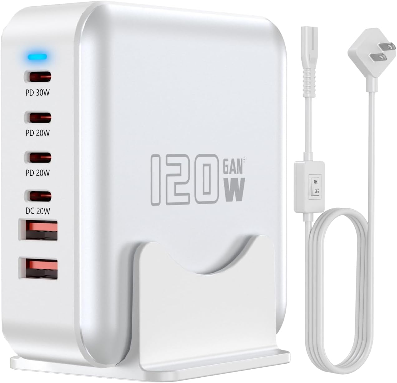 USB C Fast Charger Block, 120W 6-Port Charging Station GaN Hub Adapter, USB C Wall Multi Charger Power Strip Plug with On/Off Switch for iPad iPhone 17 16 15 14 13 12 Pro Max Galaxy S23 (White)