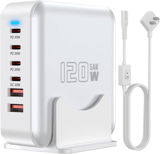 USB C Fast Charger Block, 120W 6-Port Charging Station GaN Hub Adapter, USB C Wall Multi Charger Power Strip Plug with On/Off Switch for iPad iPhone 17 16 15 14 13 12 Pro Max Galaxy S23 (White)