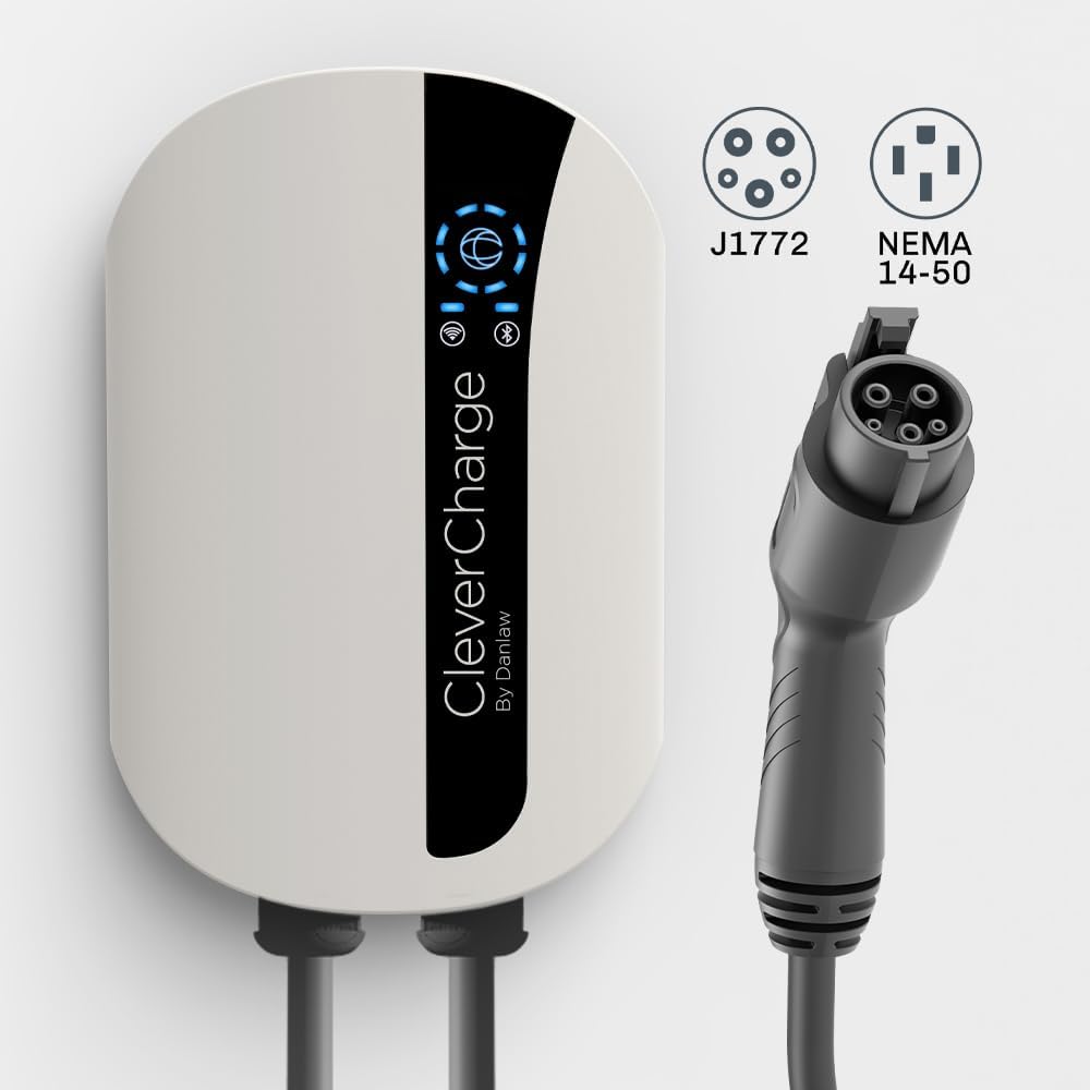 CleverCharge EV112A Wi-Fi Enabled Level 2 EV Charger, NEMA 14-50 EVSE with J1772 Connector & CleverKey AI, Up to 40A / 240V, UL/Energy Star Rated, 25ft Cable, Soft White