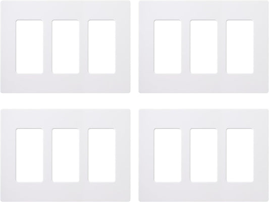 Lutron Claro Light Switch Cover Plate, 3 Gang Wallplate, for Decorator Light Switches, Rocker Light Switch Cover, Outlet Cover, Screwless Switch Plate Cover, Gloss, CW-3-WH-4, White, 4 Pack