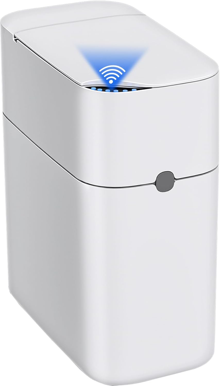 CTIME Touchless Automatic Bathroom Trash Can with Lid - 3 Gallon Slim Motion Sensor Garbage Can for Bedroom, Kitchen, Office - White (6" W x 11" L x 13" H)