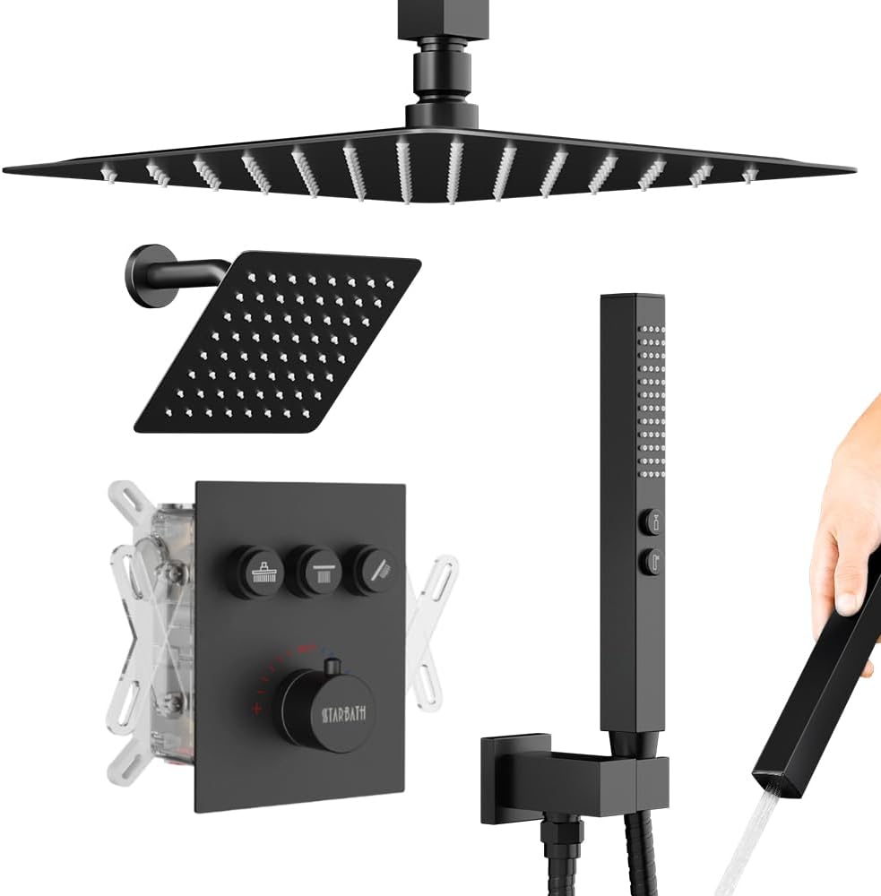 Thermostatic Shower Systems Matte Black Shower Faucets Sets, STARBATH 12+ 8" Wall Mount Rain Shower and 2 in 1 Handhled, Can Use All at Once, Push Button 3 Modes Valve and Trim Kit Complete Shower Set