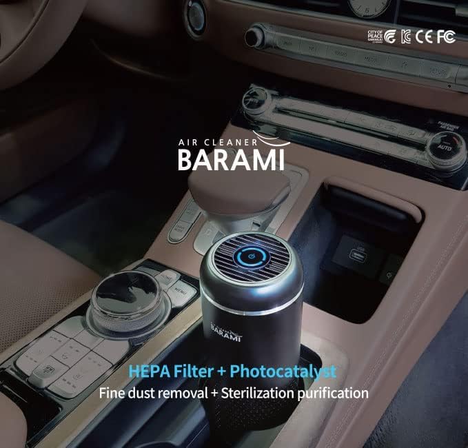 BARAMI-5_black | Portable Car Air Purifier - Photocatalytic &HEAPA filter, Air Freshener for Car, Home, Bedroom, Office, Travel etc. | Pet Odor Eliminator | Removes PM2.5 Dust,Smoke,Car Odor