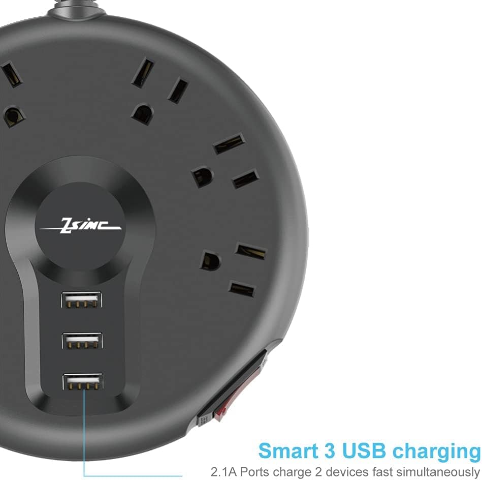 Power Strip, 6 Outlets and 3 USB Ports 6.5FT Long Extension Cord, Circle Socket Overload Surge Protector, 100% Copper Core, Flat Plug Charging Station Compact for Office, Home, Travel (Black)