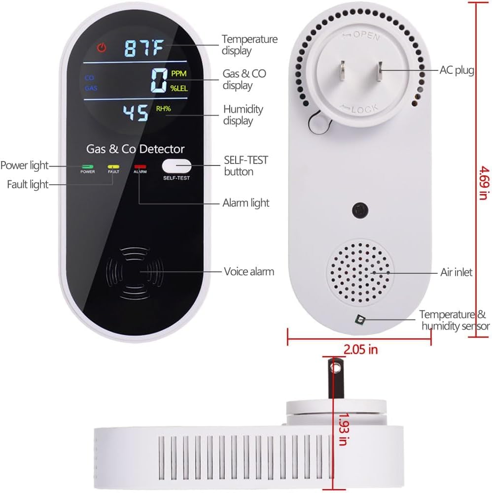 Plug in Carbon Monoxide and Natural Gas Detector, Combination Gas & Carbon Monoxide Detectors for Travel with Temperature Humidity Display, 4 in 1 CO and Gas Detector for Home/Travel(1 Pack)