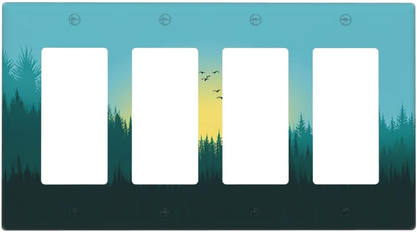 Green Forests And Birds Sun Woodland Wallplates 4 Gang Quad Rocker Decorative Light Switch Covers Electrical GFCI Faceplate Switch Plate for Bedroom Bathroom Decor