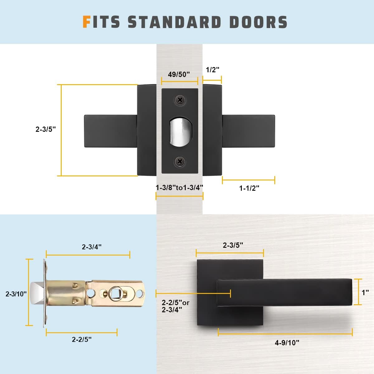 KNOBWELL 1 Pack Black Interior Door Handle Passage Door Handle Lever for Indoor use, Reversible for Left and Right with No Key