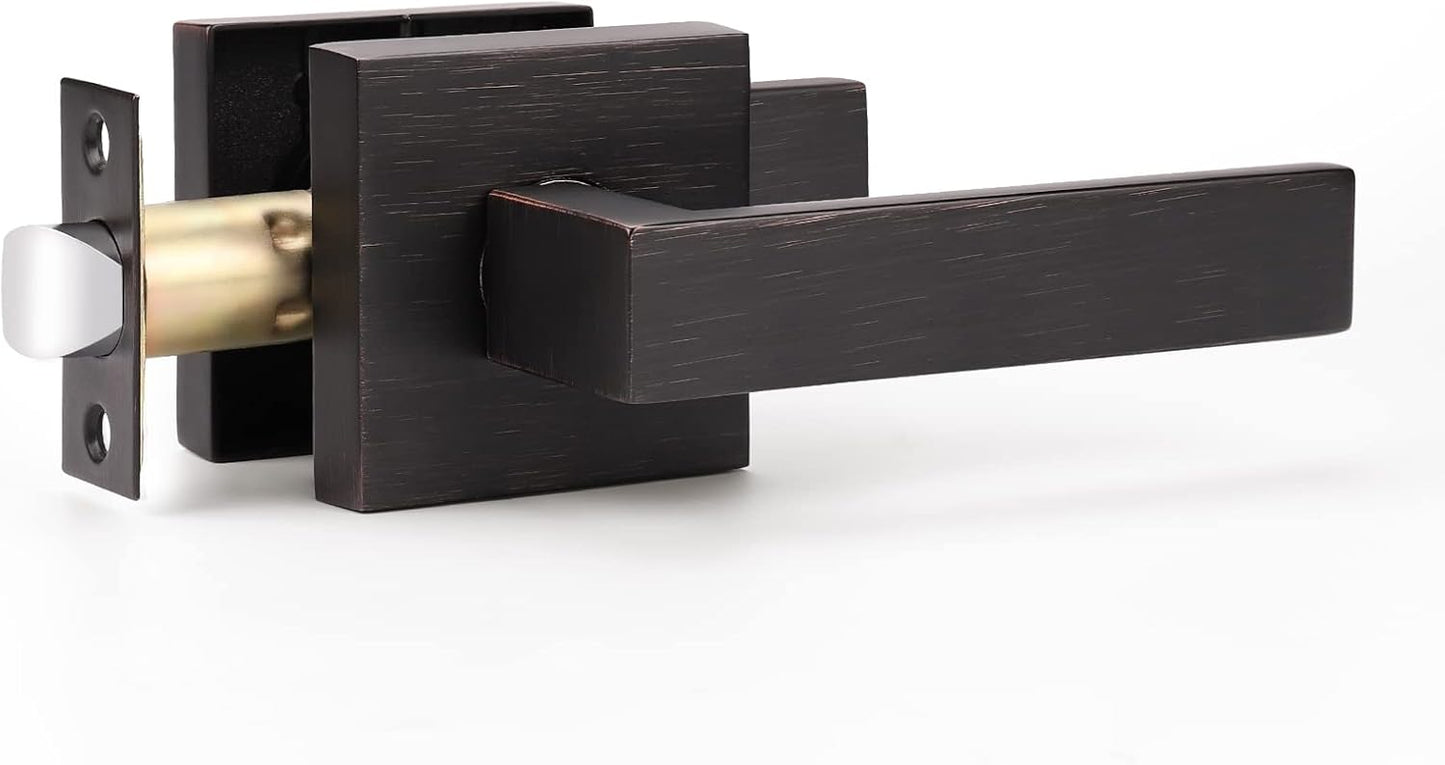 KNOBWELL 4 Pack Passage Door Handle Interior, Oil Rubbed Bronze Door Handles for Closet/Hallway Without Lock, Pull Only Square Door Knob with Levers