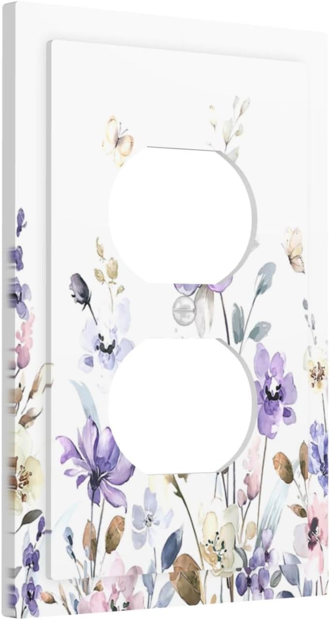 Outlet Covers Purple Floral Lilac Watercolor Flower Leaves Butterfly Wildflower 1 Gang Duplex Electrical Receptacle Faceplate Light Switch Cover Wall Plate Decorative Switch Plates for Bedroom Home