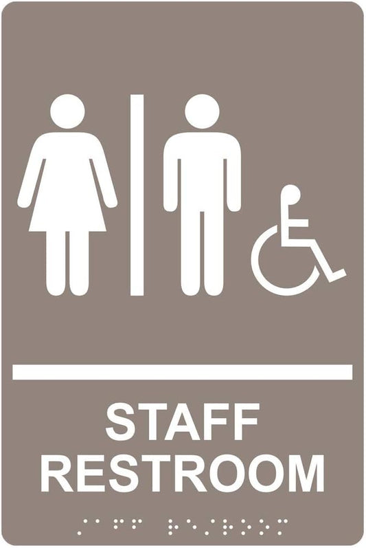 ComplianceSigns.com Staff Restroom Sign, ADA-Compliant Braille and Raised Letters, 9x6 in. White on Taupe Acrylic with Adhesive Mounting Strips