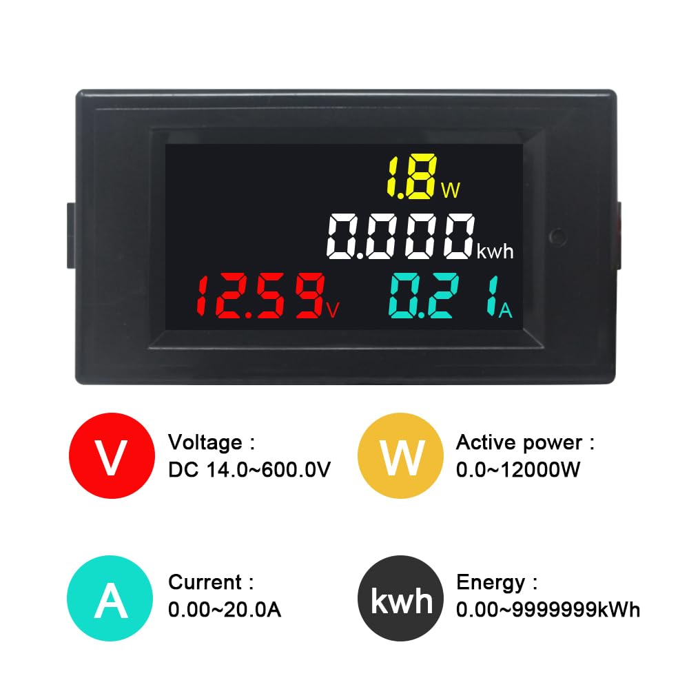 KETOTEK Voltmeter Ammeter DC 14-600V 20A, 4 in 1 Multimeter Panel Kwh Volt Amp Watt Meter, Digital Power Meter Energy Monitor DC Current Meter with Built-in Shunt