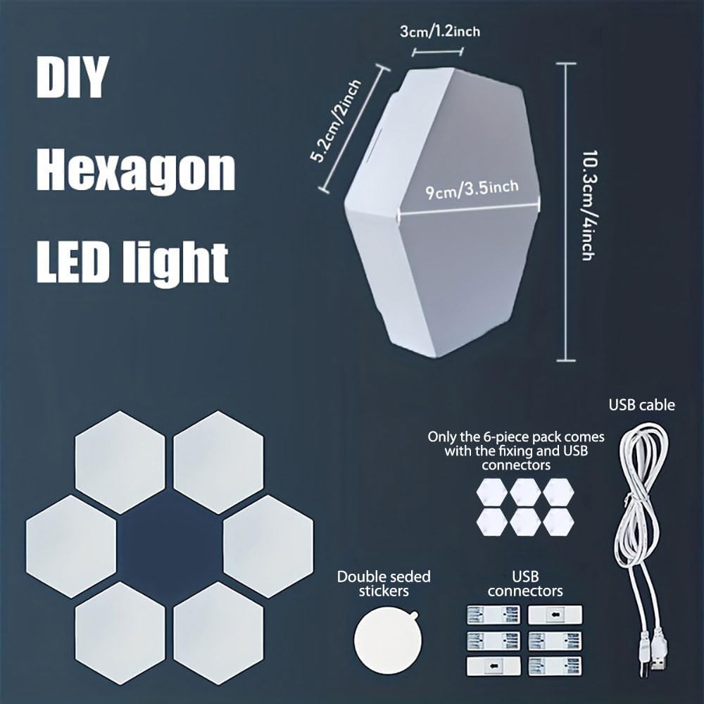 Hexagon Lights, Minimalist White Touch Night Light, Center Touch-Sensitive Wall Panels, Hex Light with USB-Power for Autism, Game Room Decor, Party (6)