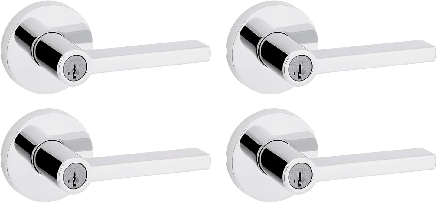 Kwikset Halifax Entry Door Handle with Lock and Key, Secure Keyed Reversible Lever Exterior, for Front Entrance and Bedrooms, Polished Chrome, 4 Pack, Pick Resistant SmartKey Rekey Security
