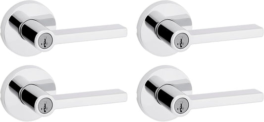 Kwikset Halifax Entry Door Handle with Lock and Key, Secure Keyed Reversible Lever Exterior, for Front Entrance and Bedrooms, Polished Chrome, 4 Pack, Pick Resistant SmartKey Rekey Security