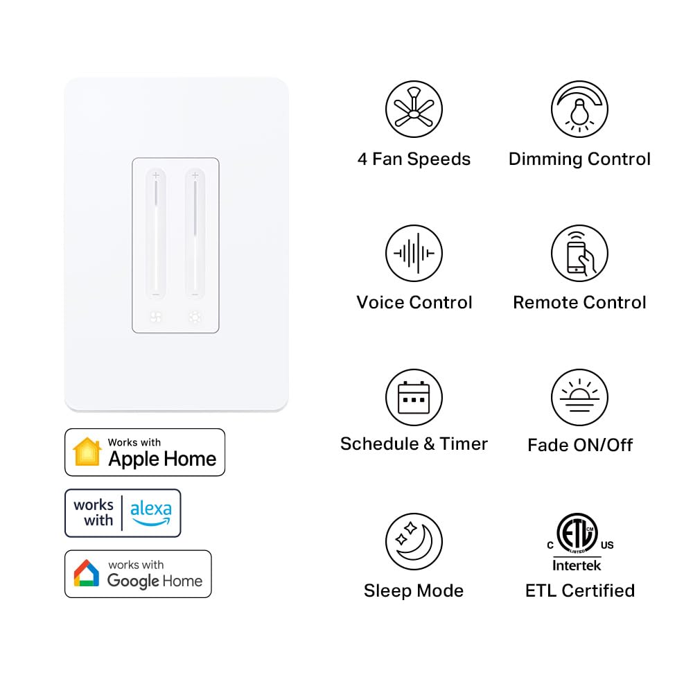 Kasa Smart Ceiling Fan Control & Dimmer Switch | Adjustable 4-Speed Fan & Brightness Control | Works w/Apple HomeKit, Alexa & Google Home | 2.4G Wi-Fi Only, Single Pole, Neutral Wire Required | KS240