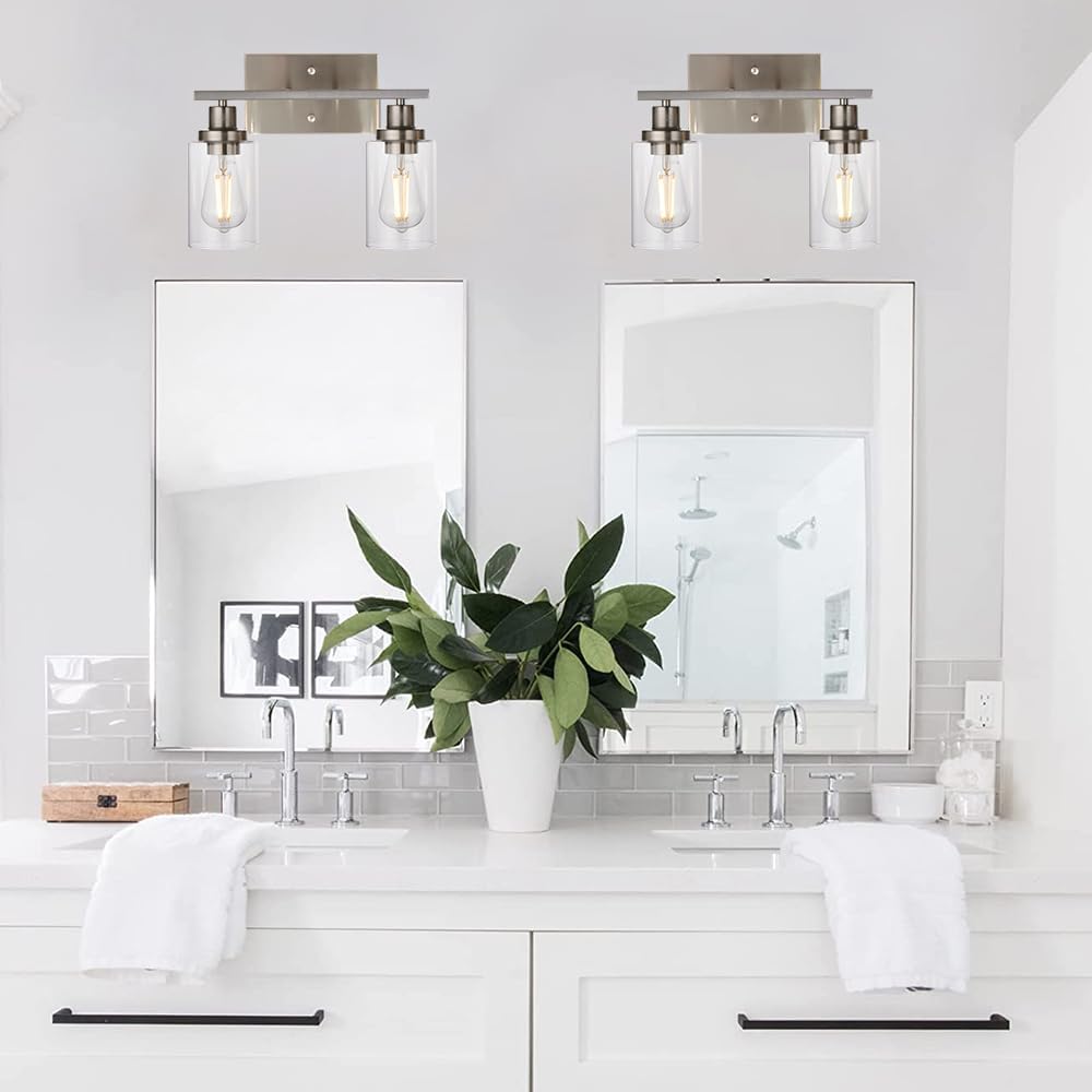 MELUCEE Metal Wall Lights with Clear Glass Shade 2 Heads Bathroom Light Fixtures Brushed Nickel Modern Vanity Lights Sconces for Hallway Bedroom Kitchen (Patent No.: US D963914 S)