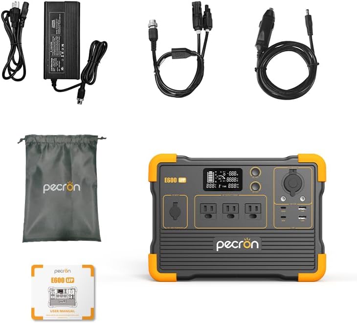 Pecron E600LFP Portable Solar Generator with 2x200W Solar Panel, 614Wh LiFePO4 Battery Backup, Power Station for Camping, Emergency, RV, Off-Grid Living