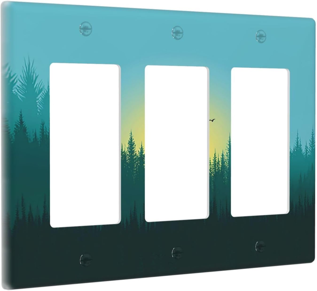 Green Forests And Birds Sun Woodland Light Switch Covers 3 Gang Rocker Decorative Triple Outlet Wall Plate Cover Electrical GFCI Switchplate for Bedroom Bathroom Decor