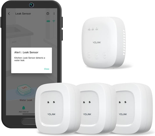 YoLink SpeakerHub & Three Water Leak Sensors Starter Kit – Plays Tones/Sounds, Spoken Messages, LoRa-Powered ¼ Mile Range, App Alert, Emails, SMS/Text, IFTTT