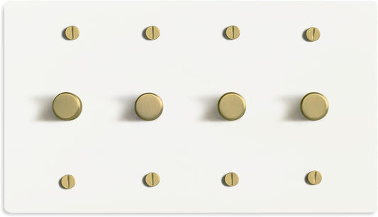 SELECT White Brass Dimmer Light Switch, 1 Way Rotary Dimmer, 4 Gang TRIAC/Leading Edge Dimmable LED Light Switch, 15A 120V AC with Brass Knob, Faceplate & Dimming Module, UL Listed