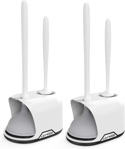 Lefree, 2 in 1 Toilet Brush and Plunger Set with Silicone Bristles, Plastic Material, Includes Holder, White/Black, for Deep Cleaning