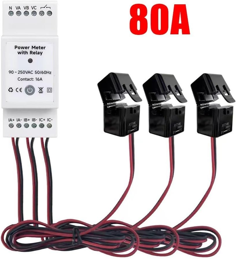 Smart 3‑Phase Din Rail Energy Meter With Clamps,Voltage And Current Monitor For Tuya App Control,Solar Power Consumption And Production Tracking,Overload Protection(80A)