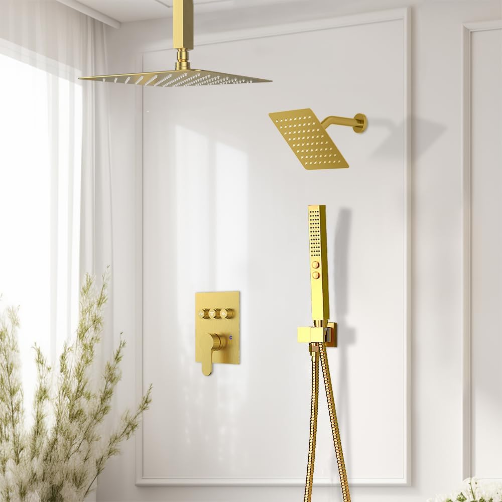 Shower Systems with Rain Shower and Handheld,STARBATH Dual Head 12+6" Rainfall Shower Can Run All Together, Ceiling Mount Shower Faucet Set with Pressure Balance Valve and Trim Kit, Brushed Gold