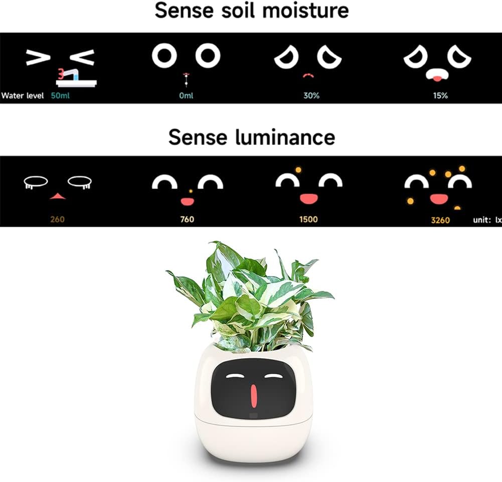 Intelligent Flower Pot, Electronic Bud, Maintenance Plant Assistant, Fun Interactive Flower Pot, Indoor Green Planting Monitoring, LCD Screen Display, Cell Phone APP Connection (White)