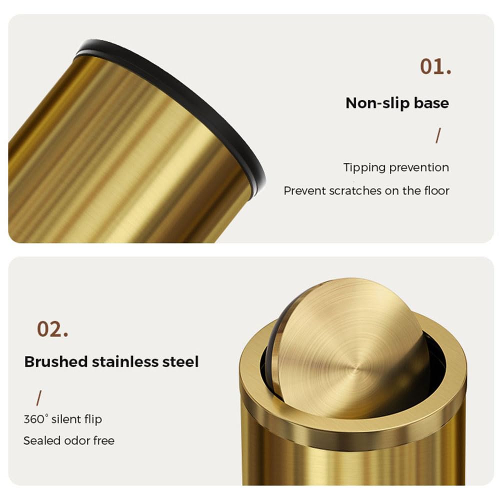 Small Trash Can with Flipping Lid,Gold Bathroom Garbage can with lid，2.4gallon,Brass Trash can for Bathroom,Laundry，Hotel，Office， Laundry Room ，Metallic Gold (Single)