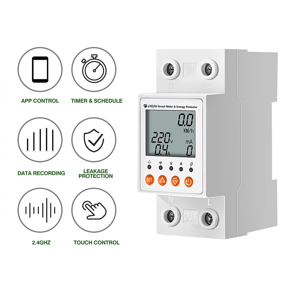 eMylo Single-Phase Smart Energy Meter 63A 80-400V - Circuit Breaker & Leakage Protection, 2.4G WiFi Electricity Monitor with Tuya APP Remote Control for Home, Apartment, Factory