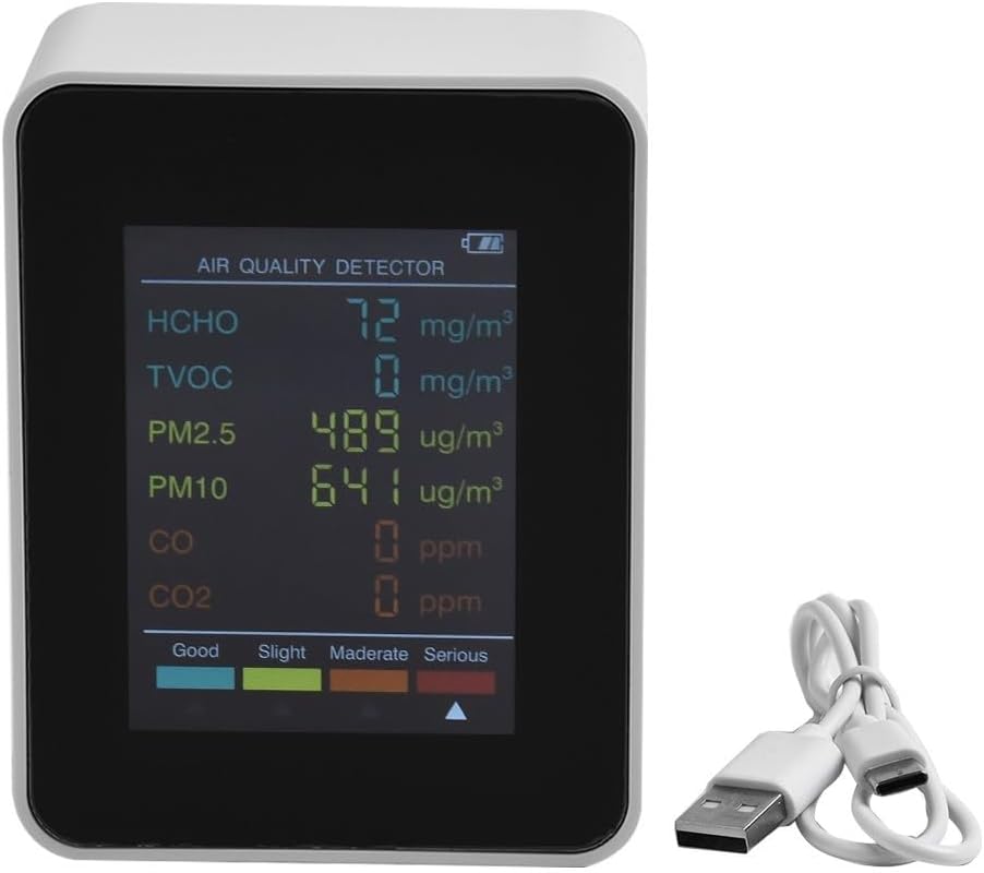 6 in 1 Air Quality Monitor PM2.5 PM10 HCHO Formaldehyde Detector Temperature Humidity Meter with Color Display Portable Indoor Air Tester