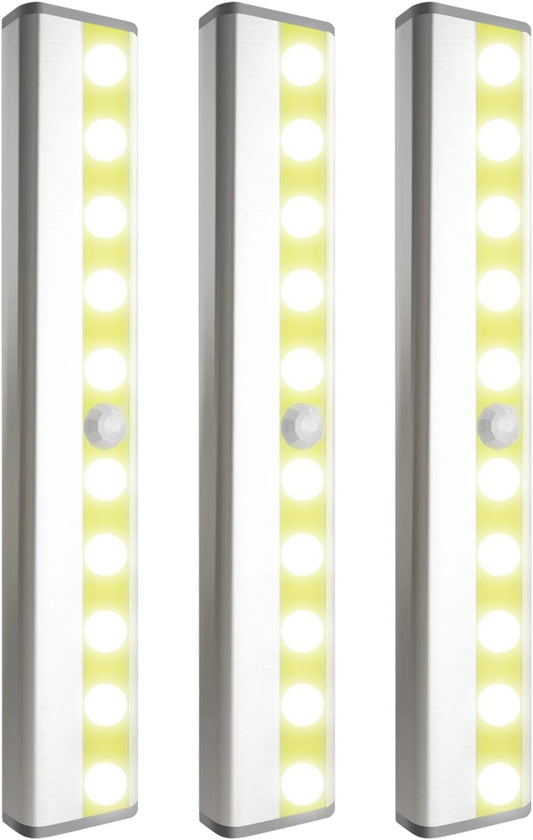Cabinet Lighting 10 LED Closet Light, Motion Sensor Lights Indoor Dimmable Wireless Stick-on Night Light Bar for Kitchen, Wardrobe, Garage, Stairs, Bedroom (3 Packs)