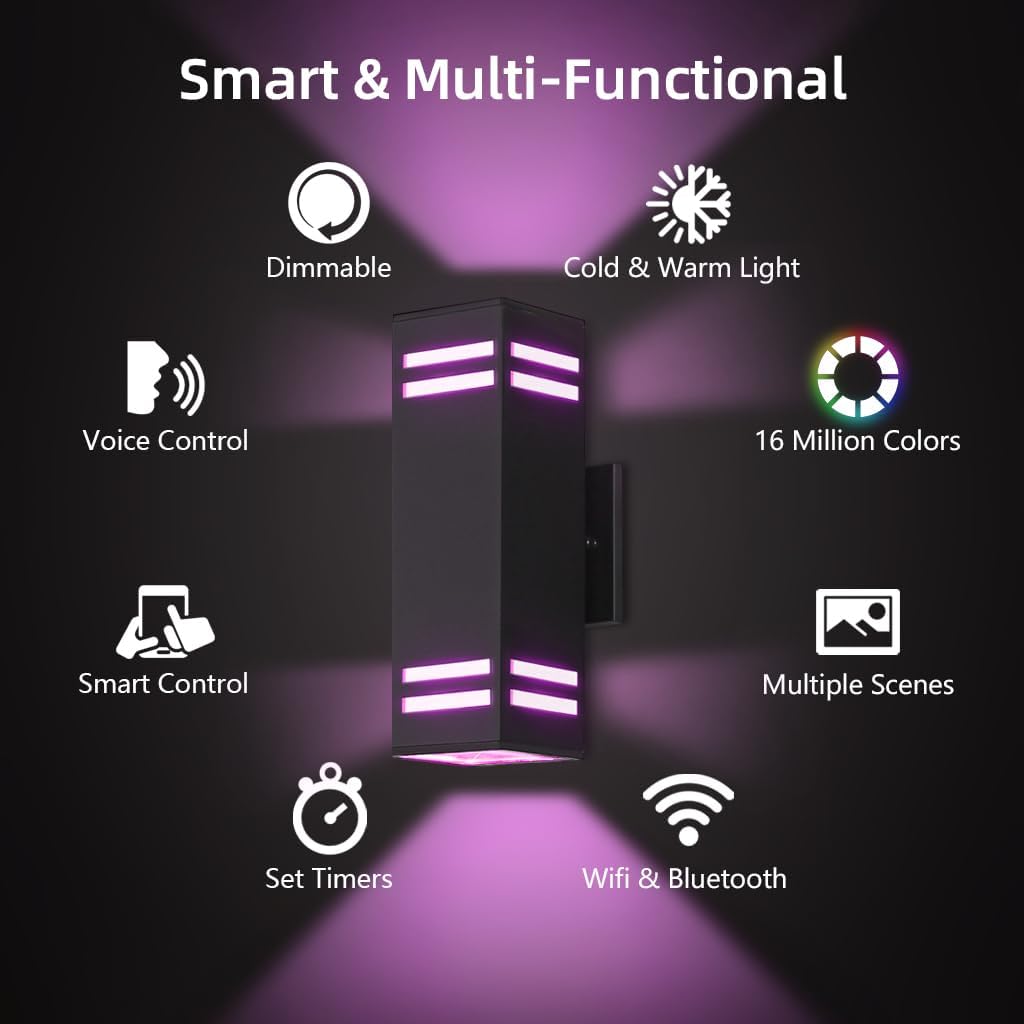 KIZON Smart Porch Lights Color Changing, Ambience RGB WiFi Outdoor Sconce Lights App Control Black Exterior Light Fixture for House Porch Patio, Compatible with Alexa Google Assistant, ETL Listed