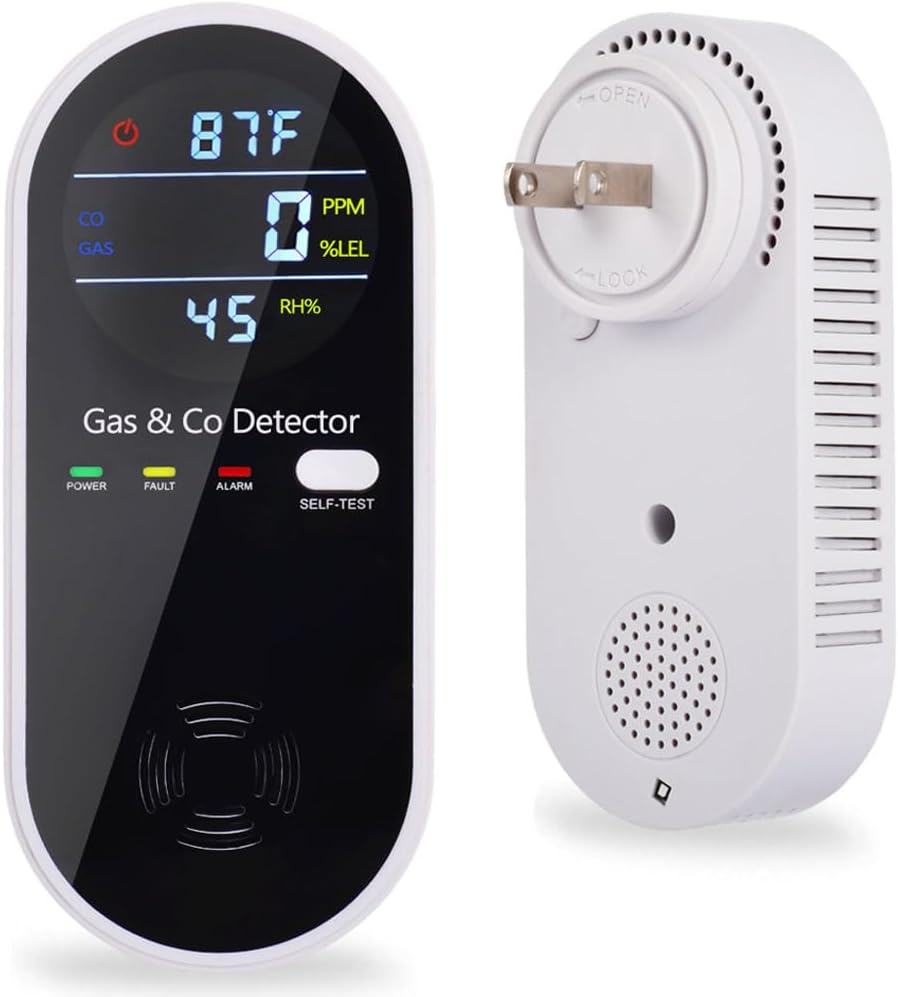 Carbon Monoxide and Gas Detectors, Plug in Carbon Monoxide Detector & Natural Gas Combination Detectors with Clear LCD Display, 4-in-1 CO & Gas Detector with Temperature and Humidity Display