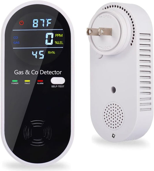 Carbon Monoxide and Gas Detectors, Plug in Carbon Monoxide Detector & Natural Gas Combination Detectors with Clear LCD Display, 4-in-1 CO & Gas Detector with Temperature and Humidity Display