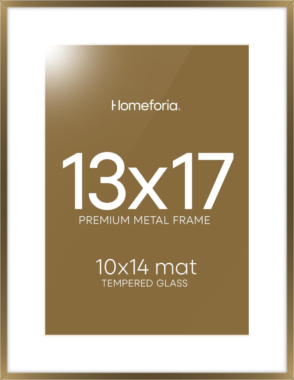 Homeforia 13x17 Picture Frame Bronze, High End Metal 13x17 Brass Poster Frames with Mat 10x14 Photo, 13 x 17 Frame Matted to 10 by 14 inch Print, 17by13 Thin Frames, Tempered Glass, Wall Kit, Set of 1