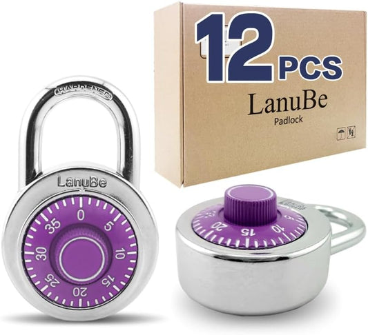 LanuBe Standard Dial Combination Lock, 2 inches. Wide, with Different Combinations, Purple Turnplate, Pack of 12; Lock for School, Employee, Gym Sports Locker, Case, Toolbox