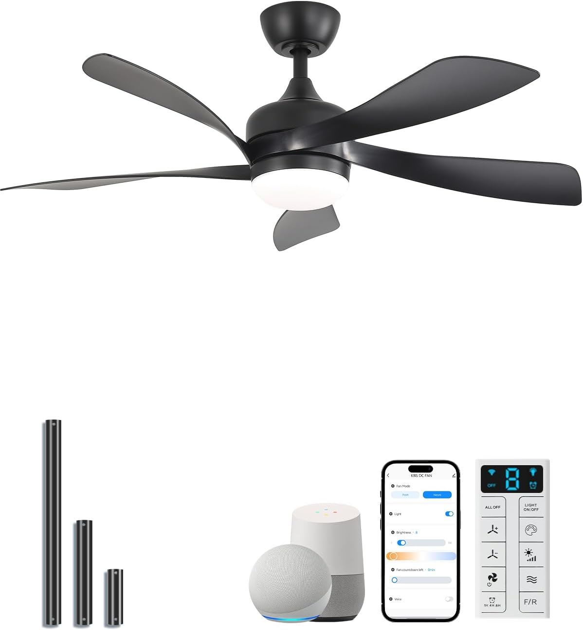 Sofucor 45" Smart Ceiling Fan, Indoor/Outdoor Black Ceiling Fans with Lights and Remote, Works with Alexa/Google/App, 3-Color Light 6-Speed Timing Reversible DC Motor for Bedroom Living Room Patio