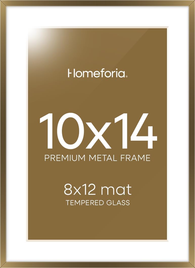 Homeforia 10x14 Bronze Picture Frame, High End Metal 10x14 Brass Frame with Mat 8x12, 10 x 14 Poster Frames Matted to 8 x 12 inch Photo, 10 by 14 Bronze Thin Frames, Tempered Glass, Wall Kit, Set of 1