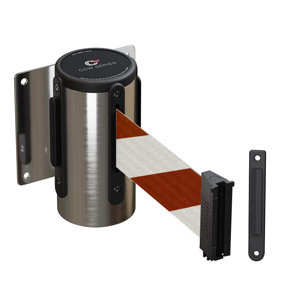 Crowd Control Warehouse - CCW Series WMB-120 Fixed Wall Mount Retractable Belt Barrier - 11 Foot, Red & White Diagonal Stripes Belt with Stainless Steel Case