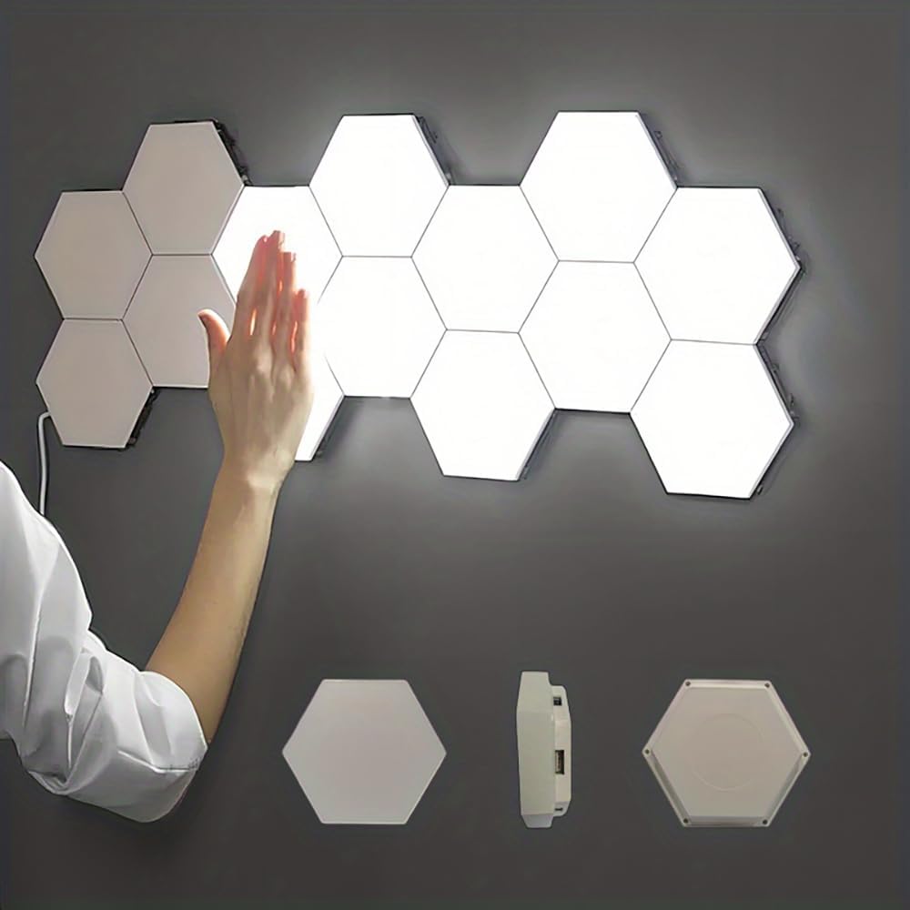 Hexagon Lights, Minimalist White Touch Night Light, Center Touch-Sensitive Wall Panels, Hex Light with USB-Power for Autism, Game Room Decor, Party (12)