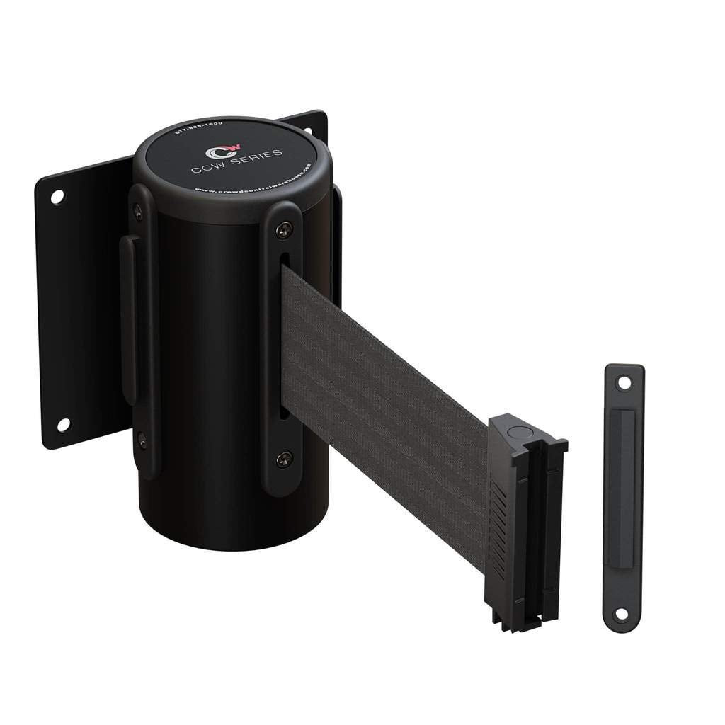 Crowd Control Warehouse - CCW Series WMB-120 Fixed Wall Mount Retractable Belt Barrier - 11 Foot, Dark Grey Belt with Black Steel Case, Crowd Control Barriers