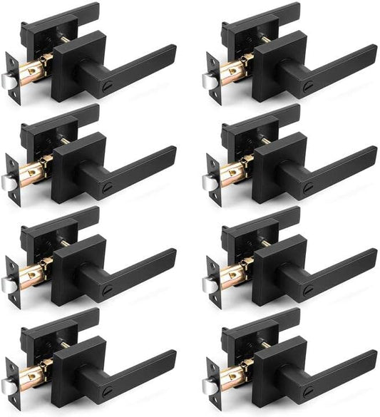 Probrico Interior Black Door Handle, Heavy Duty, Flat Square Privacy Door Handles, Keyless Door Levers Lockset for Bedroom and Bathroom (8 Pack, Modern)