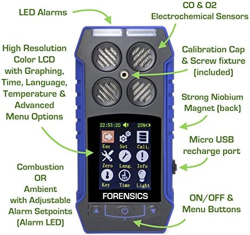 Residential Combustion Analyzer by Forensics | Flue Gas Analyzer | CO, O2, COAF & EA | Water Trap, Particle & NOx Filters | Color Display, Graphing, Data Logging | USA NIST Calibration |