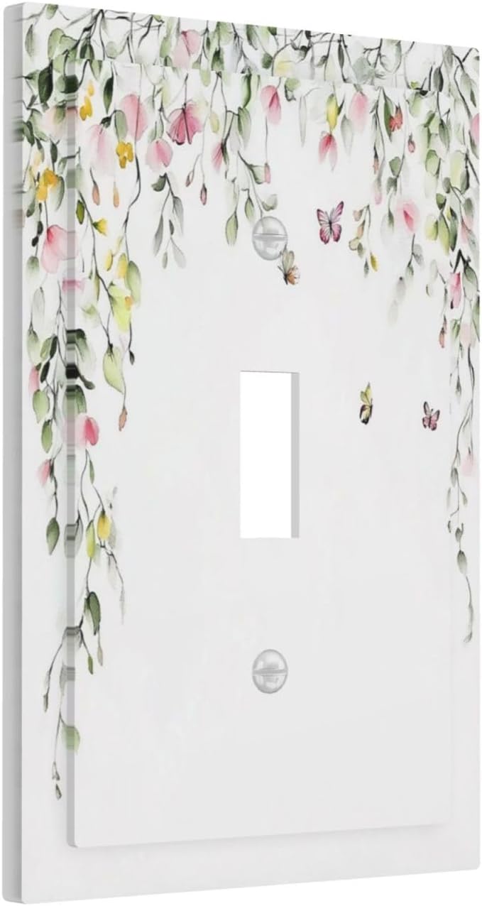 Watercolor Flowers Vine Colorful Butterfly Floral Decorative Light Switch Cover 1 Gang Single Toggle Device Electrical Faceplate Switchplates Decorator Outlet Wall Plate For Bed Room Living Room Decor