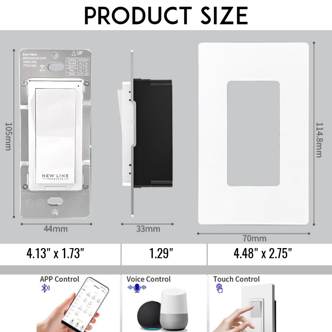 WiFi Bluetooth Smart Light Switch with APP Control Compatible with Alexa and Google Home Voice Control Touch Control Power Cut Off Easy Wall Install Works with Smart Life Tuya Remote Timer