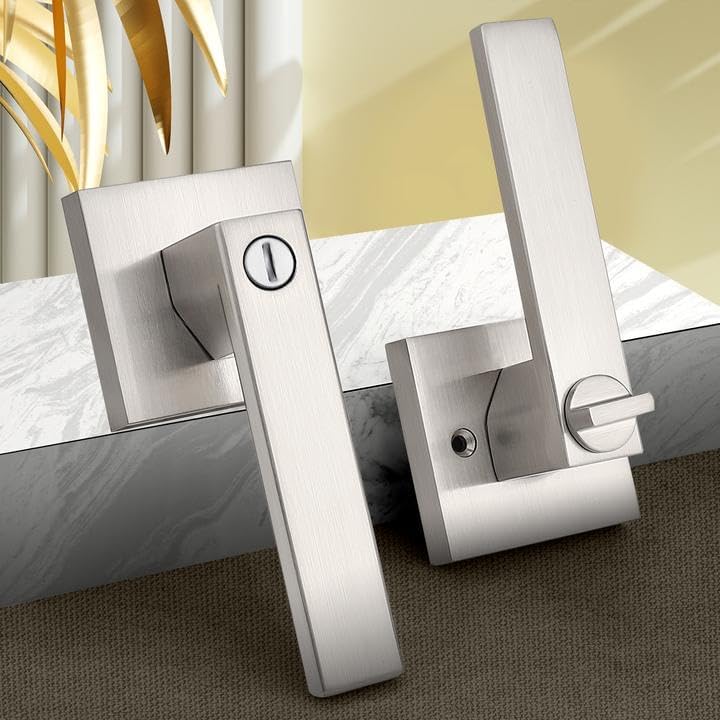 Probrico Interior Brushed Nickel Door Handle, Heavy Duty, Flat Square Privacy Door Handles, Keyless Door Levers Lockset for Bedroom and Bathroom (1 Pack, Modern)