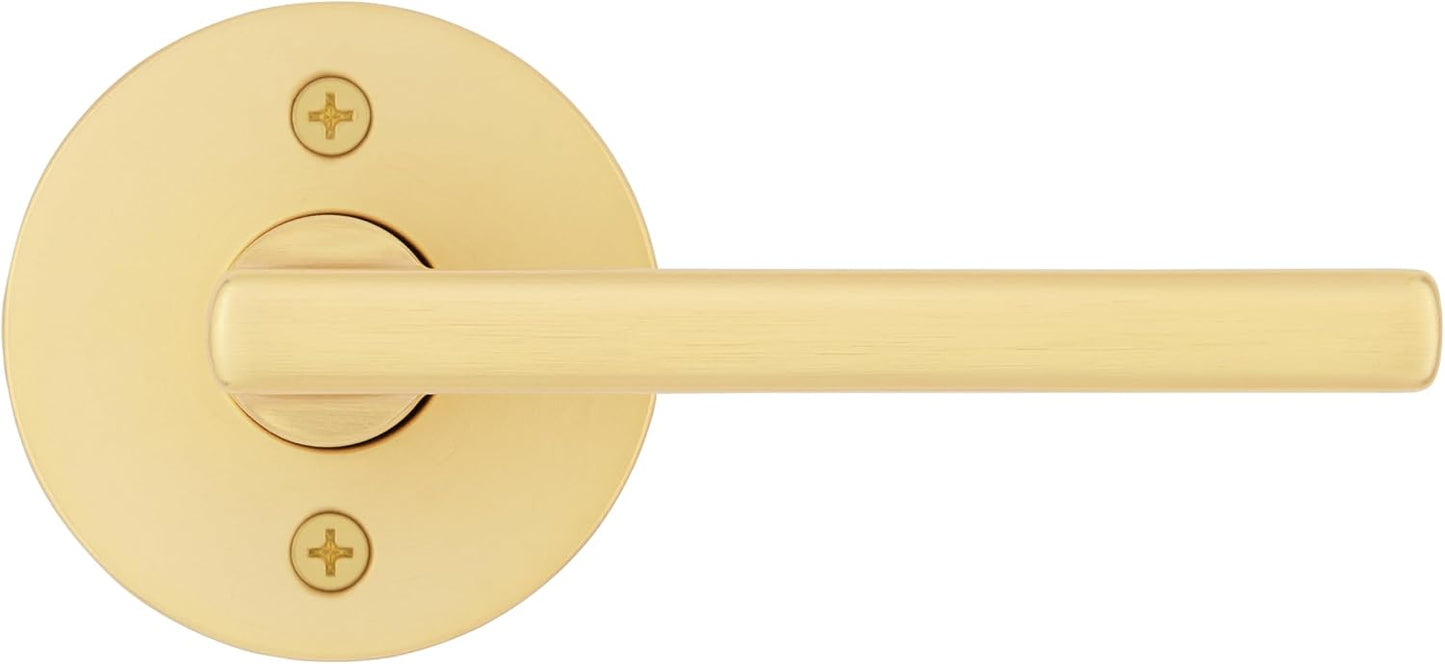 Kwikset Halifax Dummy Door Handle, Single Sided Lever for Closets, French Double Doors, and Pantry, Satin Brass Non-Turning Reversible Interior Push/Pull Lever, with Microban Protection