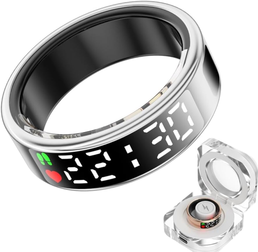 Smart Ring Health with LED Display Screen, Activity Tracker/Heart Rate/SpO2/Sleep/Step, Bluetooth Connection Smart Rings for Women Men, IP68 Waterproof Smart Ring for iPhone & Android (Silver, 8)