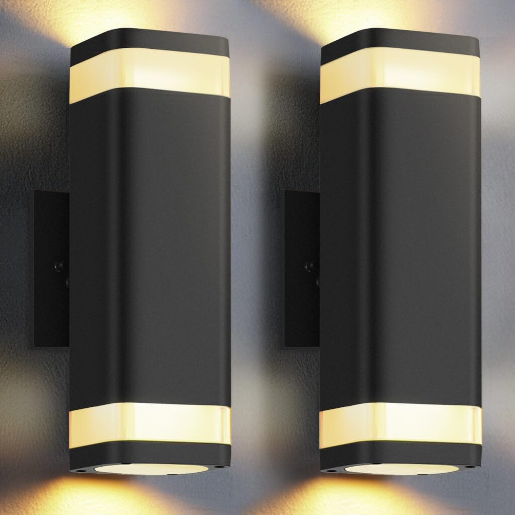 SHIMR Dusk to Dawn Outdoor Wall Light with Sensor 2 Pack, Waterproof Up and Down Outdoor Sconce Lights, Modern Black Aluminum Exterior Lighting Fixtures for Porch Patio Garage, LED Bulbs Included